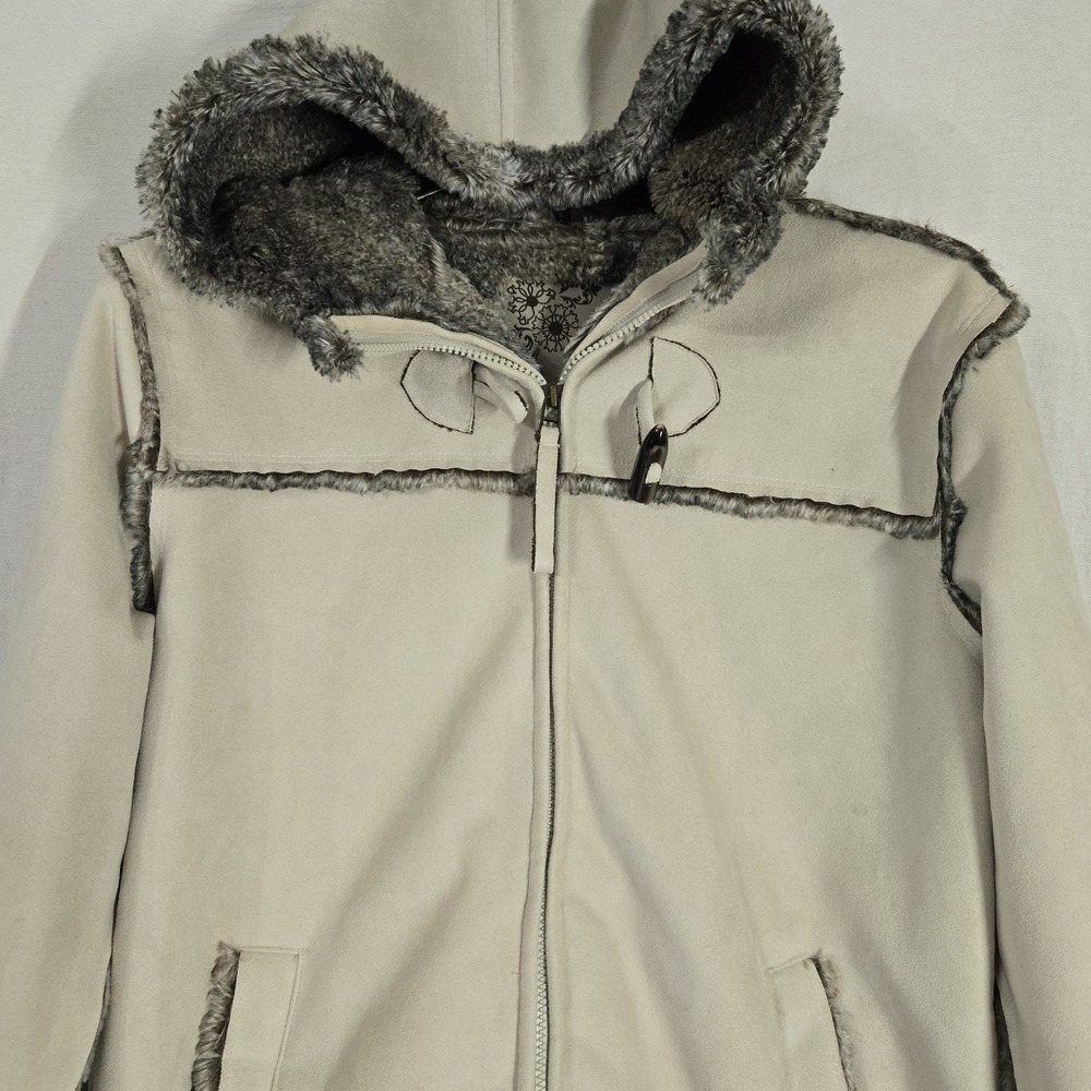 Lole Faux Fur Suede Coat Large Cream Zipper Pockets Full Zip Ultra Soft Boho - Picture 1 of 8